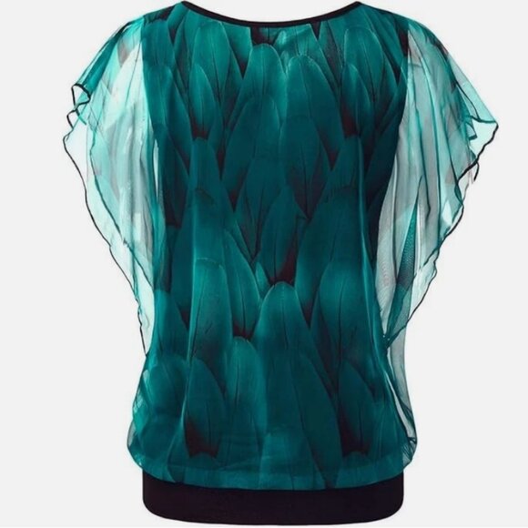 BAISHENGGT Womens Summer Tops Flutter Short Sleeve Pleated Front Mesh Teal 4XL - Picture 2 of 14